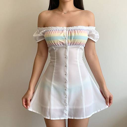 Photograph of a young woman with long black hair wearing an off-shoulder, white, rainbow-striped, button-up dress against a plain white background
