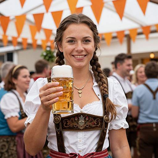 Photograph of a smiling young woman with braided brown hair, wearing a traditional Bavarian dirndl, holding a foamy beer mug, in a