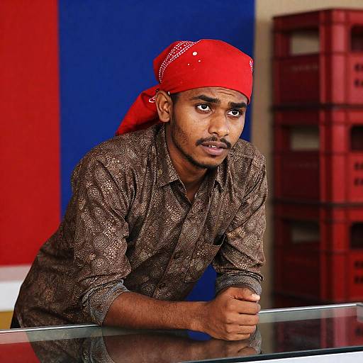 Young Man in Red Headscarf - Concerned Expression