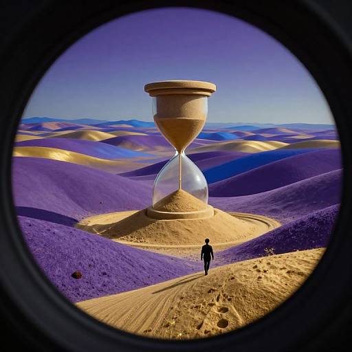 Photograph of a person walking towards a giant hourglass in a vibrant purple and gold desert, viewed through a circular window.