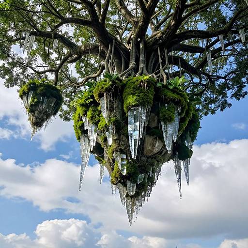 Photograph of a majestic tree with large, moss-covered branches and long icicle-like crystals hanging, set against a bright blue sky with fluffy white clouds