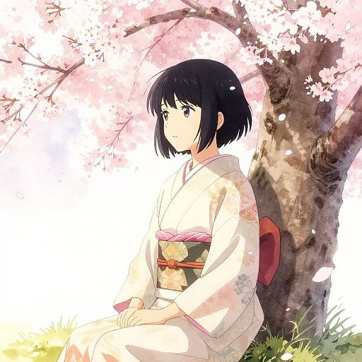 Serene Anime Girl by Cherry Blossoms