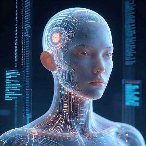 Digital CGI image of a glowing, transparent humanoid robot with blue and orange circuitry, set against a dark, tech-themed background.