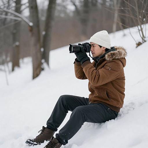 Photographer on Snowy, Leafless Hillside