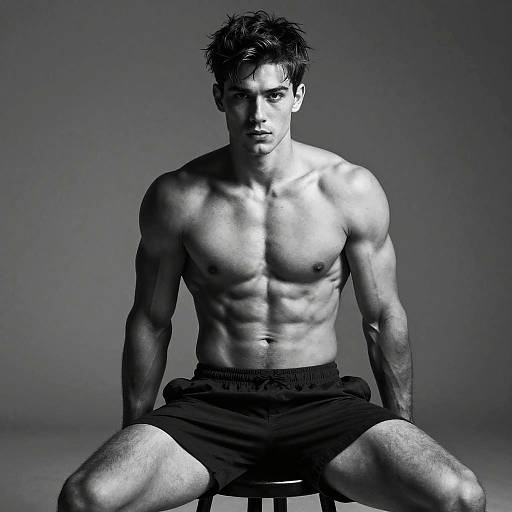 Black-and-white photograph of a muscular, shirtless man with tousled hair, sitting on a stool, wearing dark shorts, against a gradient gray background