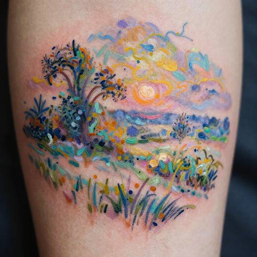 Vibrant tattoo of a colorful sunset landscape with abstract flowers and trees on human skin, featuring bold colors and fluid brush strokes.