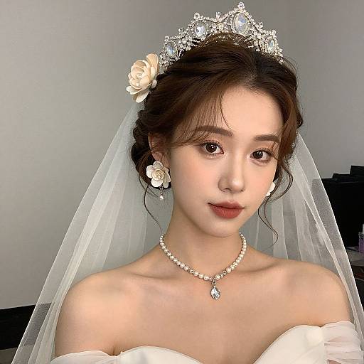 Photograph of an Asian bride with fair skin, brown eyes, and dark hair in an updo, wearing a tiara, white veil, pearl