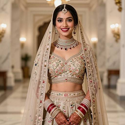 Photograph of a smiling South Asian bride in traditional attire, wearing an ornate floral embroidered lehenga, veil, jewelry, and red bangles,