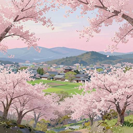 Digital painting of a serene Japanese village viewed through pink cherry blossom trees, with green fields, distant hills, and clear blue sky.