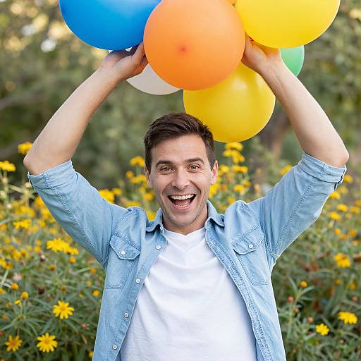 Photograph of a smiling young man with short dark hair, wearing a light blue denim shirt and white t-shirt, holding colorful balloons (blue, orange