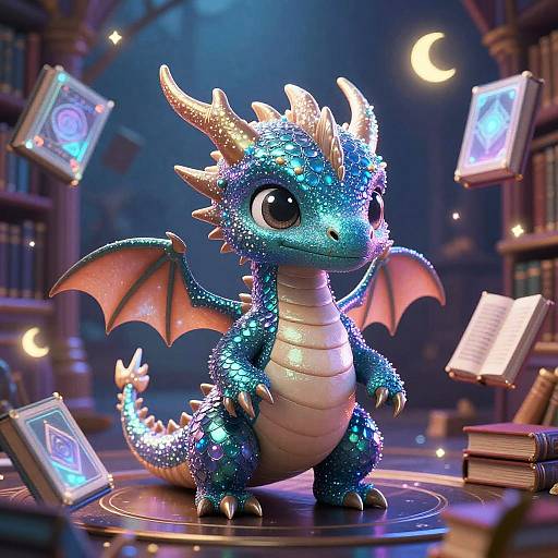 Adorable Baby Dragon in Enchanted Library