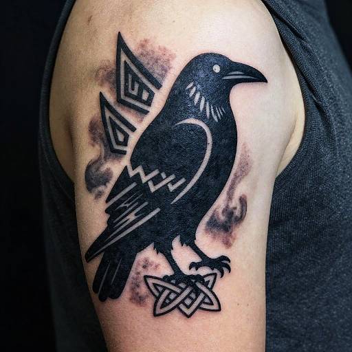 Black crow tattoo with geometric patterns on a person's upper arm, wearing a dark tank top. Tattoo has shading and bold lines. Photograph.
