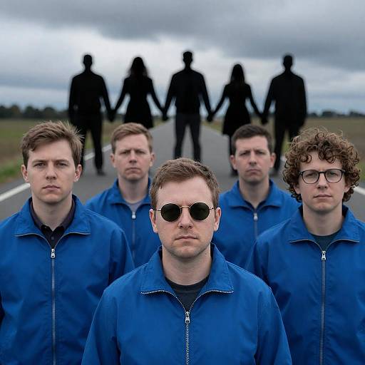 Five Men in Blue Jackets with Silhouetted Figures on Road