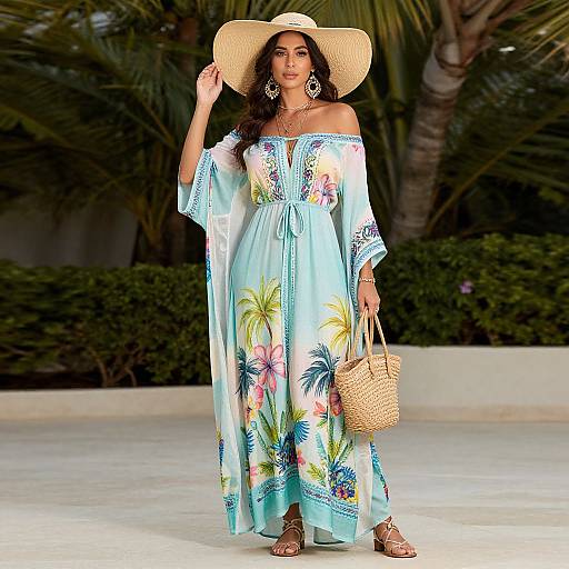 Photograph of a pregnant woman with long dark hair, wearing a wide-brimmed straw hat, off-shoulder floral blue dress, and brown
