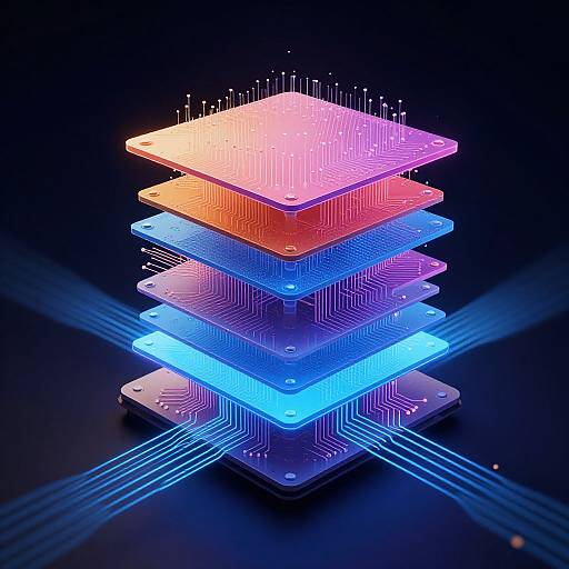 Digital CGI image of glowing, neon-colored, square circuit boards stacked vertically, emitting bright pink, orange, blue, and purple lights, with intricate lines