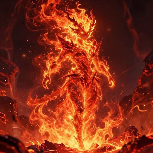 Vivid digital artwork of a towering, fiery inferno with bright orange and red flames, surrounded by dark, smoky embers.