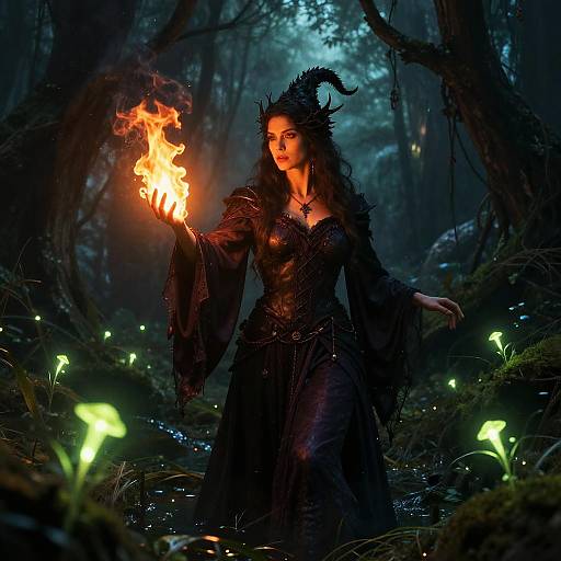 Digital fantasy artwork of a dark-haired, horned woman with a glowing fire in her hand, dressed in black, standing in a mystical forest with glowing