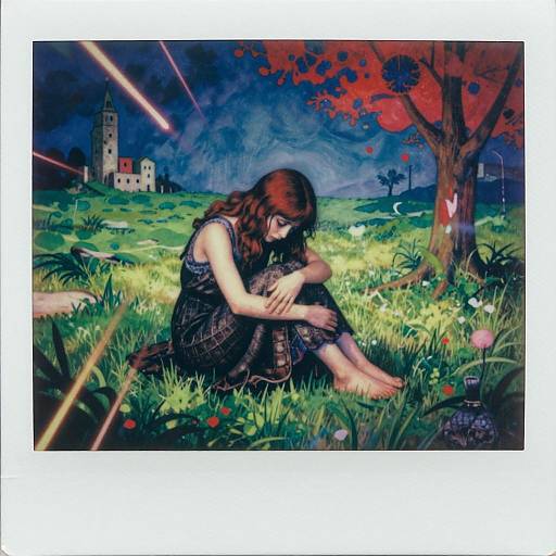 Digital painting of a sad woman with brown hair, wearing a dark dress, sitting in a grassy field under a red tree, with a distant church
