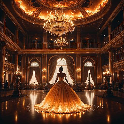 Woman in Glowing Gown in Lavish Ballroom