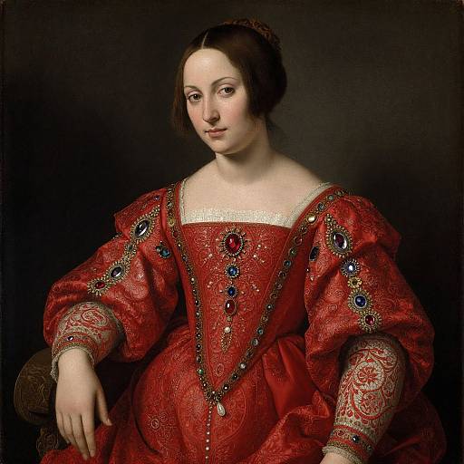 Renaissance portrait of a fair-skinned woman in an elaborate red gown with gold embroidery, blue and red gemstones, and puffed sleeves,