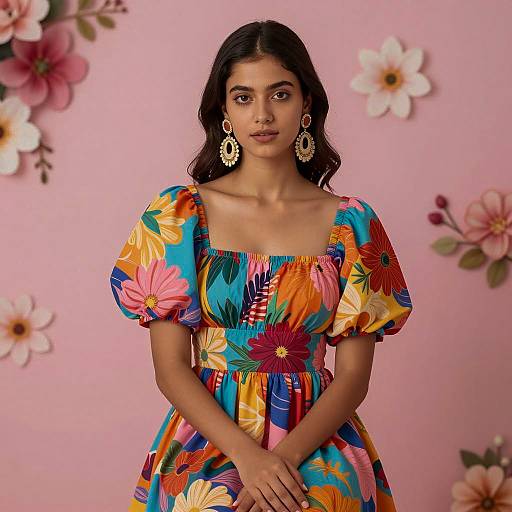 Young Woman in Colorful Floral Dress