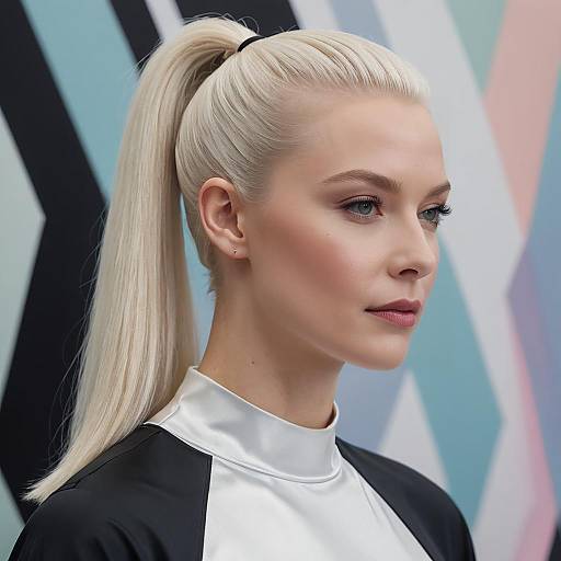 Blonde Woman with High Ponytail in Geometric Background