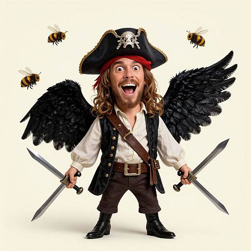 Photograph of a bearded, long-haired child pirate with black wings, red hat, white shirt, black vest, holding swords, surrounded by bees