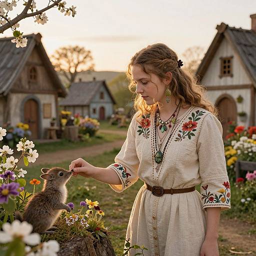 Photograph of a blonde woman in a floral embroidered dress, feeding a squirrel among blooming flowers, in front of rustic cottages at sunset.