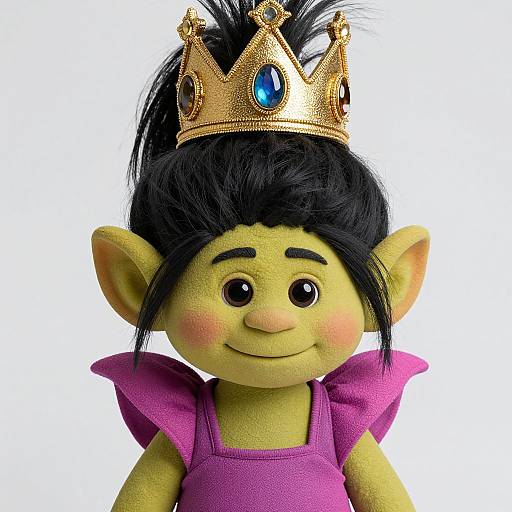 Digital CGI image of a cute, yellow-skinned, goblin-style child with black hair, wearing a gold crown with blue gem, and a pink