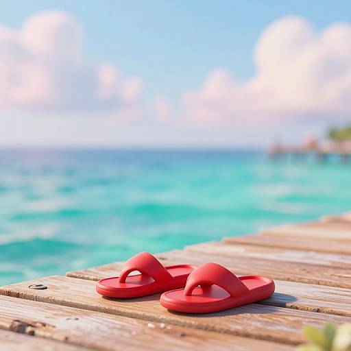 Photograph of red flip-flops on a wooden boardwalk, with a blurred turquoise ocean and bright blue sky in the background.