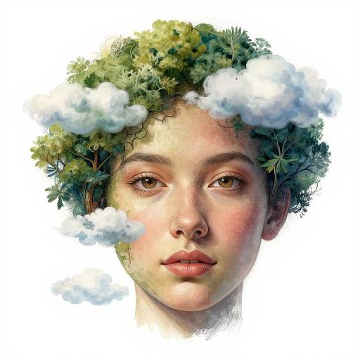 Digital art: Young boy with curly hair blending green foliage and white clouds, soft pink cheeks, and gentle brown eyes, against a white background.