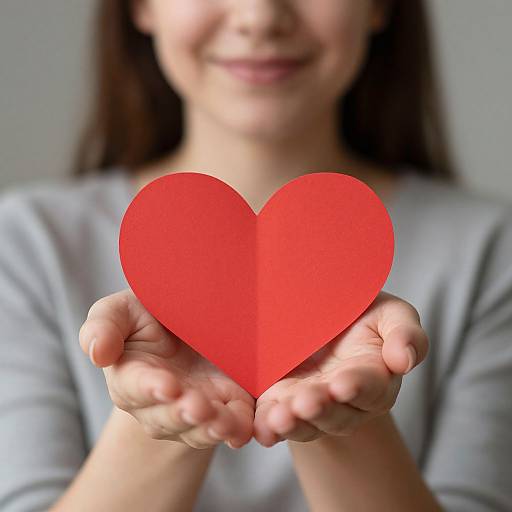 Photograph of a smiling woman with light skin and brown hair, holding a bright red paper heart in her outstretched hands, wearing a gray shirt