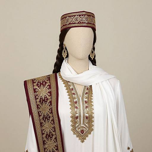 Photograph of a faceless mannequin in white traditional attire with gold and maroon embroidered details, braided hair, and ornate earrings.