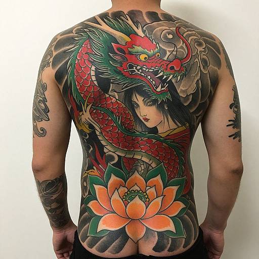 Tattooed man with vibrant back piece of red dragon, Asian woman, and orange lotus flower on white background. Photograph.