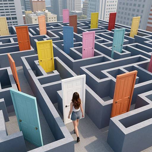 Photograph of a woman with long brown hair, wearing a white top and denim shorts, walking through a colorful maze of vibrant doors, set against a