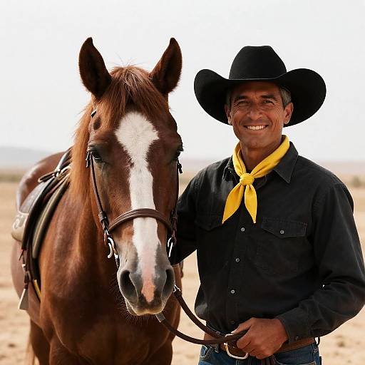 Smiling Cowboy with Brown Horse in Desert