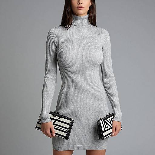 Photograph of a woman in a light gray, long-sleeve, ribbed turtleneck mini-dress, holding black-and-white patterned