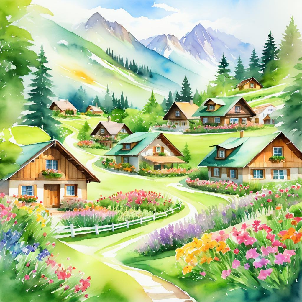 Charming Mountain Village in Watercolor