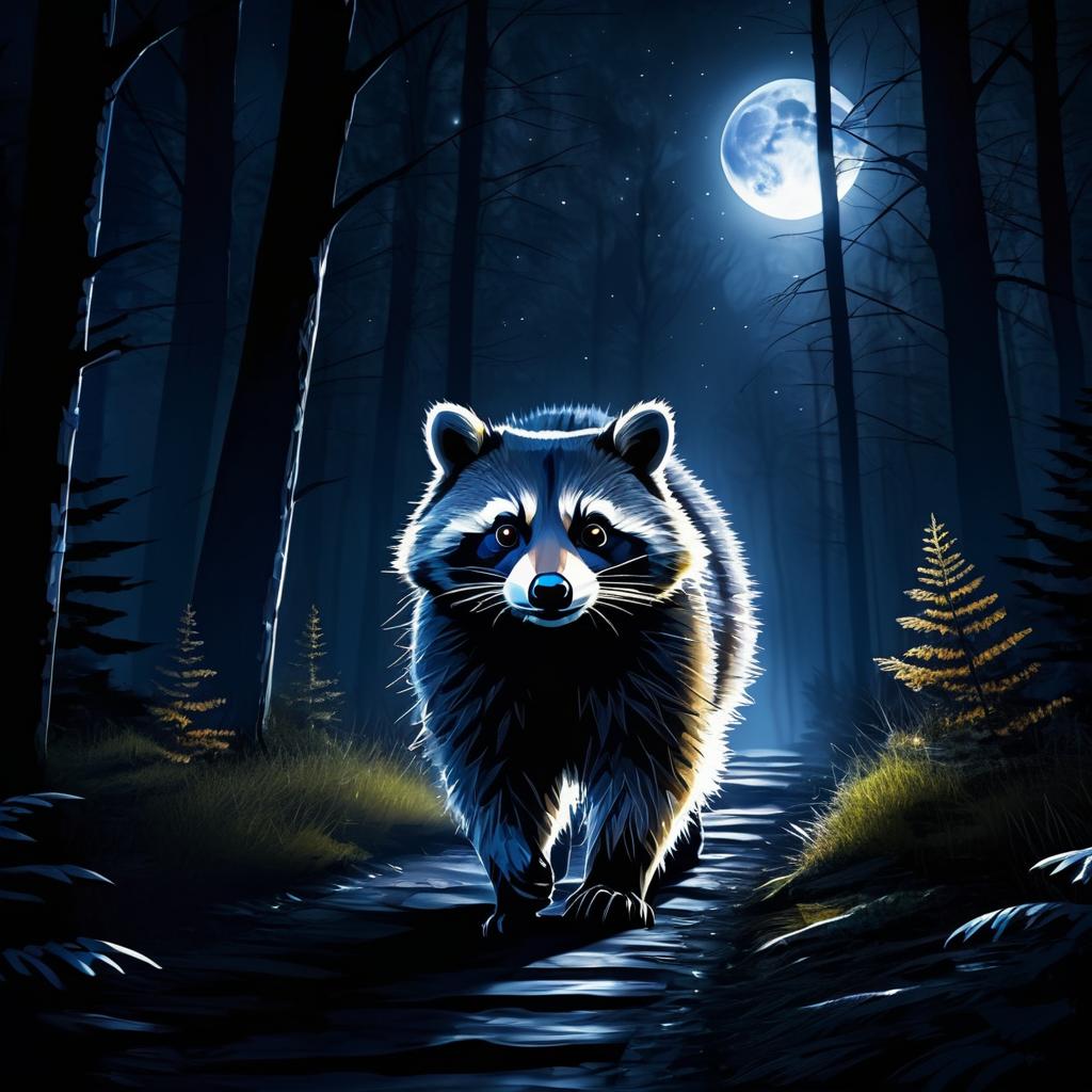 Eerie Raccoon Wandering Moonlit Forest