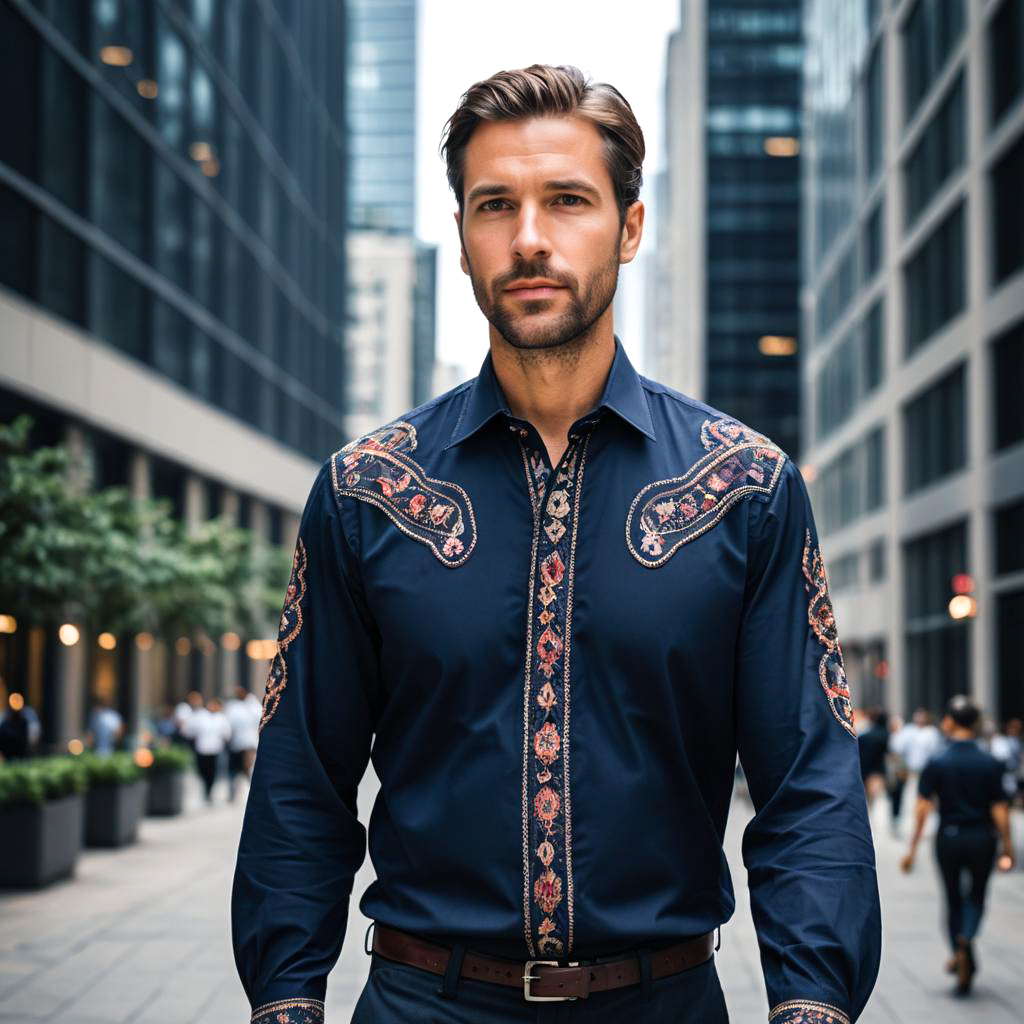 Businessman in Unique Navy Peasant Blouse