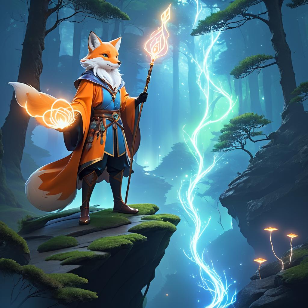 Heroic Fox Mage on a Misty Cliff