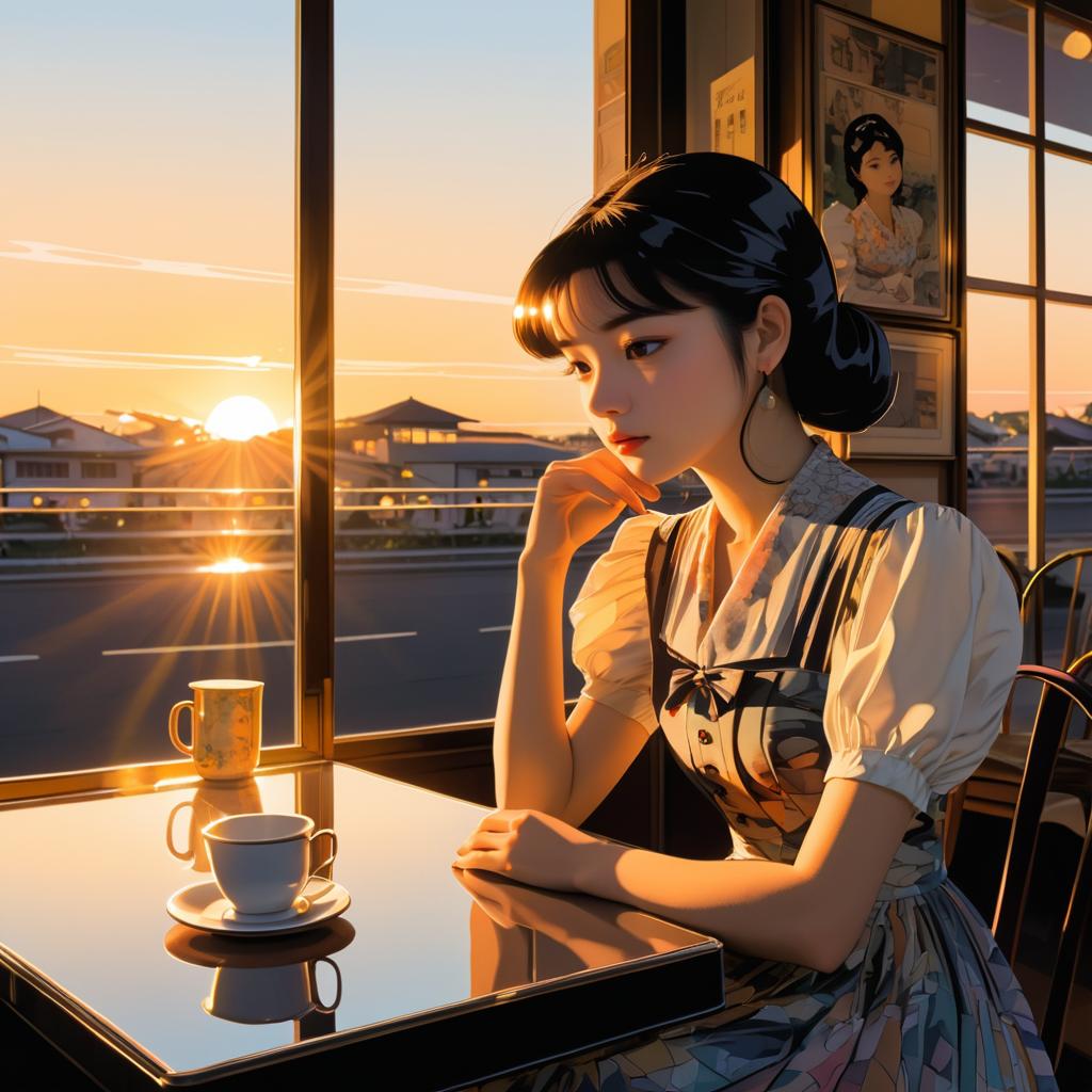 Pensive Woman in Vintage Dress at Sunset