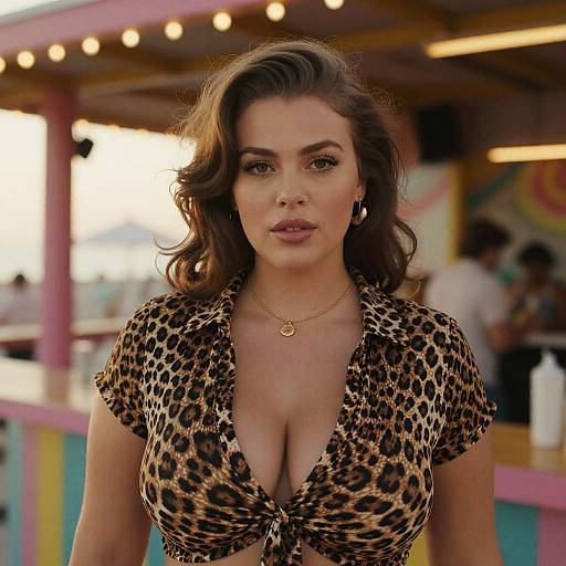 Photograph of a brunette woman with wavy hair, wearing a low-cut leopard print top, gold necklace, and standing at a colorful carnival booth with
