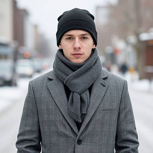 Photograph of a young man with fair skin, wearing a black beanie, gray scarf, and checkered gray coat, standing in a snowy urban