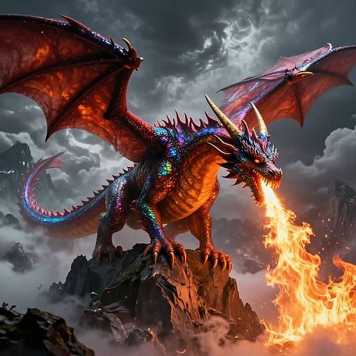 Digital fantasy artwork of a fierce, red and blue-scaled dragon breathing fire from a rocky mountain peak, under a stormy sky.