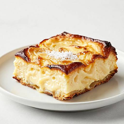 Photograph of a golden-brown, creamy cheesecake slice with a crispy, caramelized top, dusted with powdered sugar, on a white plate