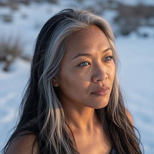 Photograph of a young Asian woman with long, silver-streaked black hair, blue eyes, and medium skin, standing in a snowy landscape,