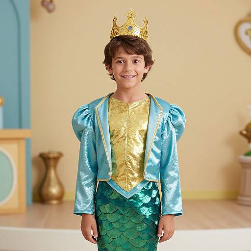 Photograph of a young boy with brown hair, wearing a gold crown, shiny blue and green prince costume, smiling in a brightly lit room with beige