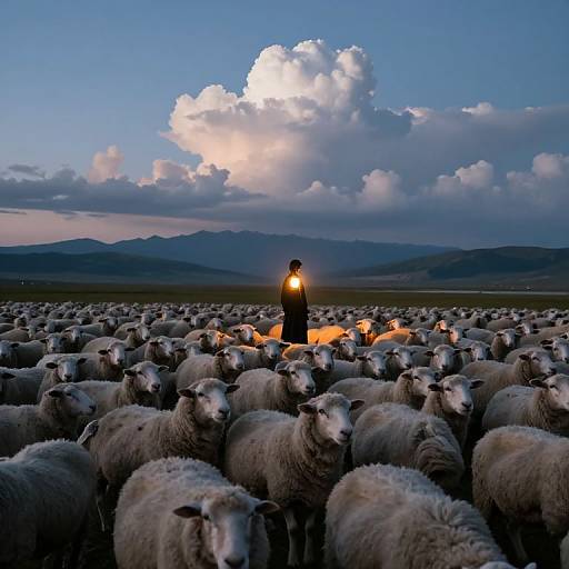 Photograph of a shepherd with a glowing lantern standing in the center of a dense flock of sheep at dusk, with a dramatic, cloud-filled sky and