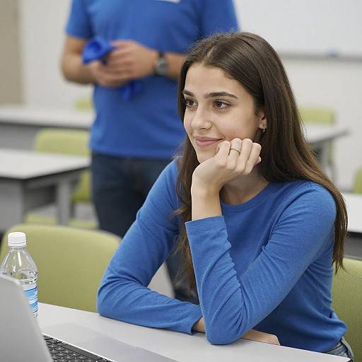 Young Woman at Desk with Smile